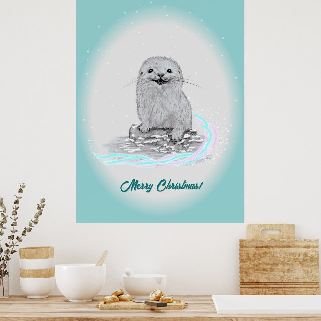 Affiche Bébé loutre de mer blanche mignonne, Joyeux Noël (Cuisine)