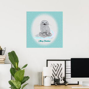 Affiche Bébé loutre de mer blanche mignonne, Joyeux Noël