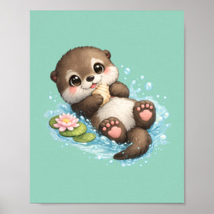 Affiche Bébé loutre mignonne flottant dans l'eau vert ment