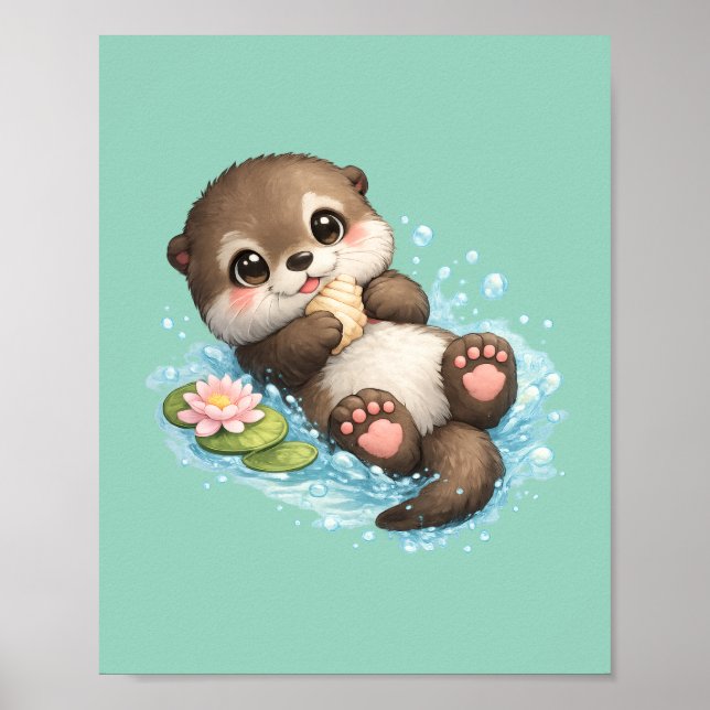 Affiche Bébé loutre mignonne flottant dans l'eau vert ment (Devant)