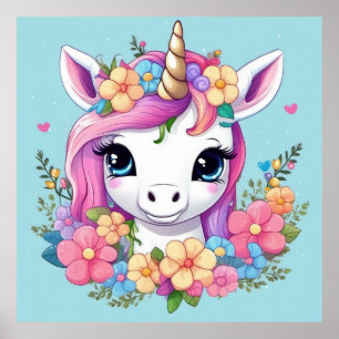 Affiche Bébé magique licorne avec fleurs