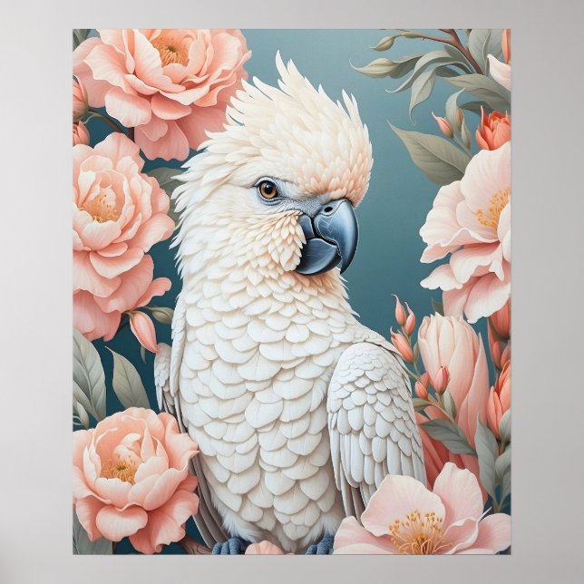Affiche Bébé mignon Cockatoo Parrot Fleurs roses douces (Devant)