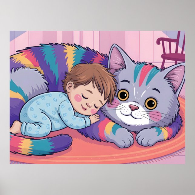 Affiche Bébé mignon dormant sur un énorme chat duveteux ar (Devant)