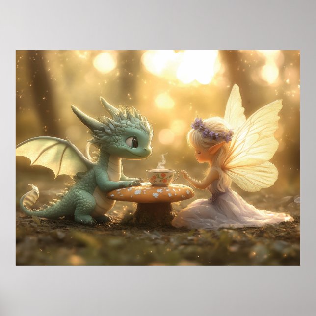Affiche Bébé mignon Dragon et Fée Profitant du thé (Devant)