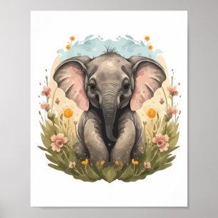 Affiche Bébé mignon Eléphant Calf Fleur sauvage Wanderlust