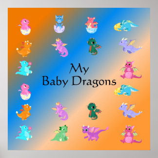 Affiche Bébé mignon et coloré Dragons Motif