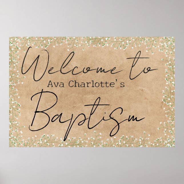 Affiche Bébé mignon Fleurs du souffle Baptême rustique Bie (Devant)