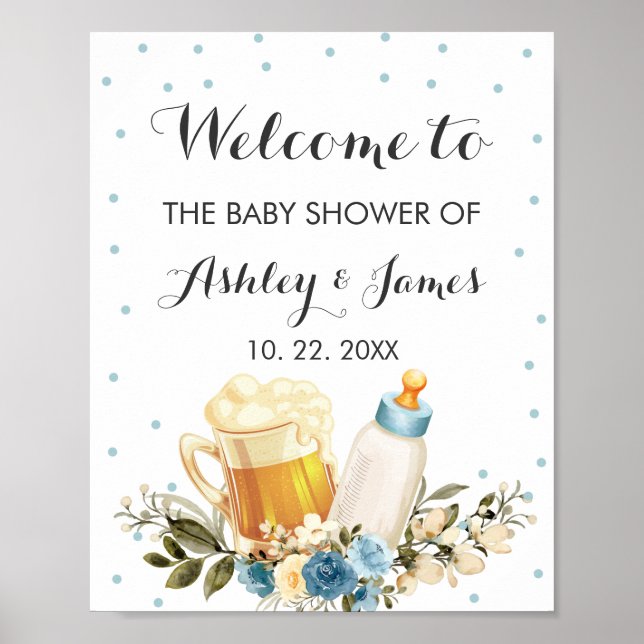 Affiche Bébé mignon garçon brasse Baby shower bleu Bienven (Devant)