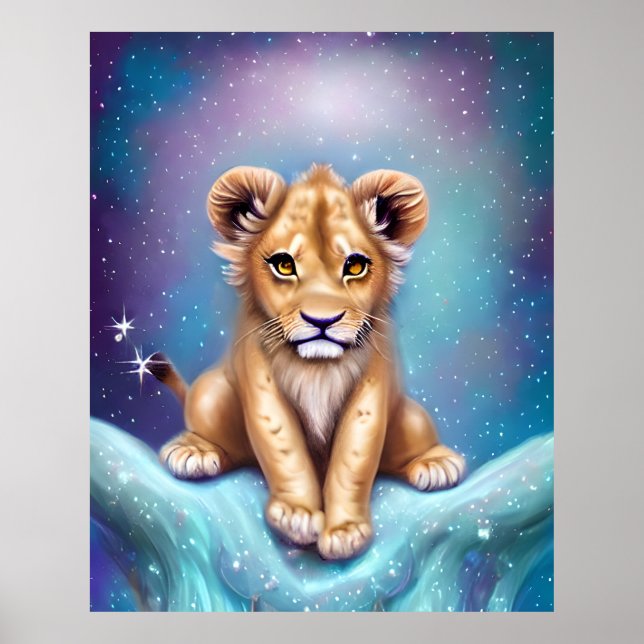 Affiche Bébé mignon Lion Cub Arrière - plan neigeux (Devant)