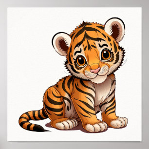 Affiche Bébé mignon petit tigre assis sur fond blanc