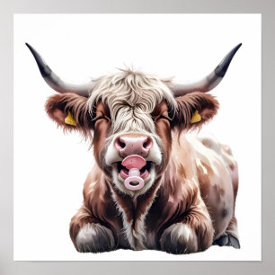Affiche Bébé mignon vache Highland avec fleurs - Agritouri