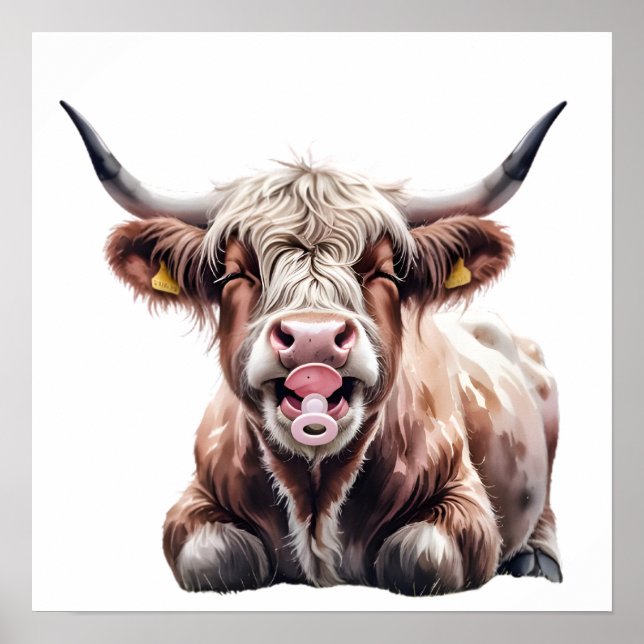 Affiche Bébé mignon vache Highland avec fleurs - Agritouri (Devant)