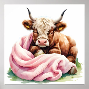 Affiche Bébé mignon vache Highland avec fleurs - Agritouri