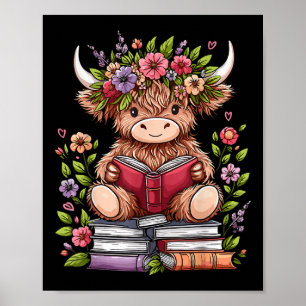 Affiche Bébé mignon vache Highland avec livre de lecture v