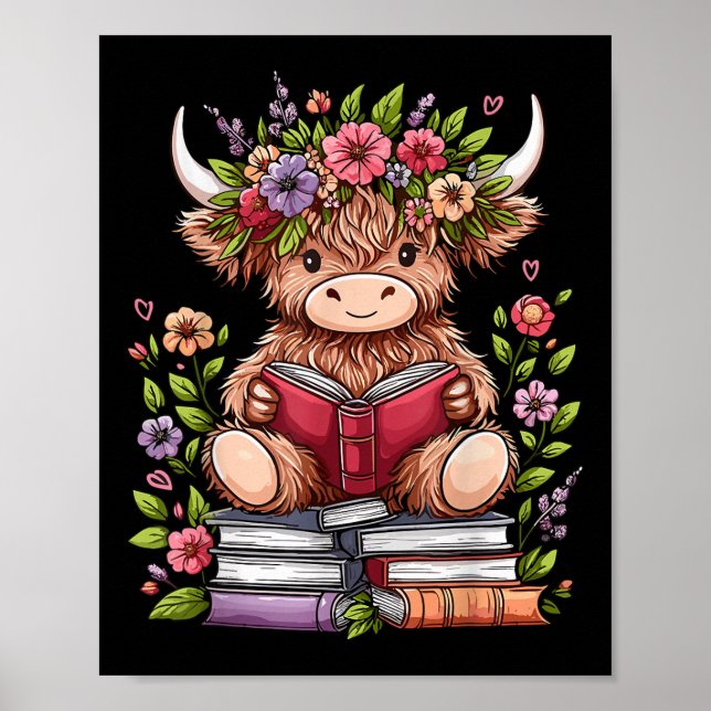Affiche Bébé mignon vache Highland avec livre de lecture v (Devant)