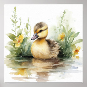 Affiche Bébé mou Canard, Canard sur une étang aquarelle