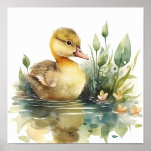 Affiche Bébé mou Canard, Canard sur une étang aquarelle