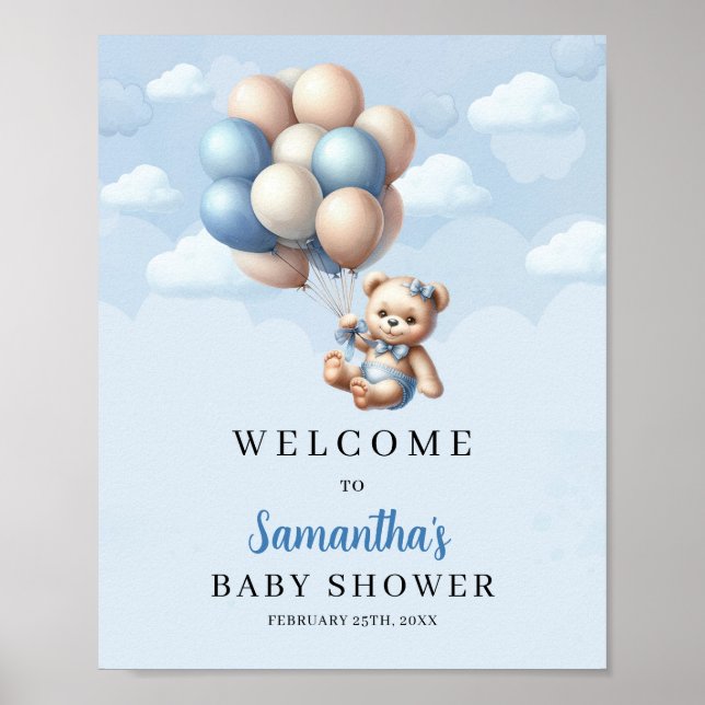 Affiche Bébé ours bleu ballons d'ivoire Baby shower accuei (Devant)