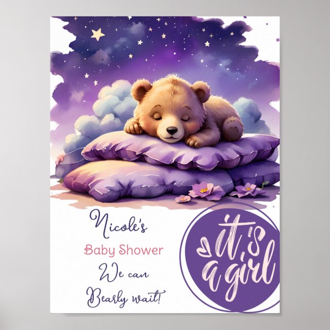 Affiche Bébé ours dormant violet Galaxy Baby shower fille (Devant)