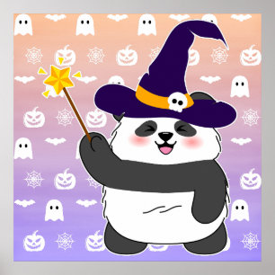 Affiche Bébé panda mignon sorcière Halloween baguette magi