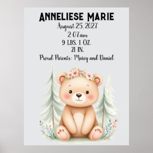 Affiche Bébé personnalisé Ours de naissance Statistiques F