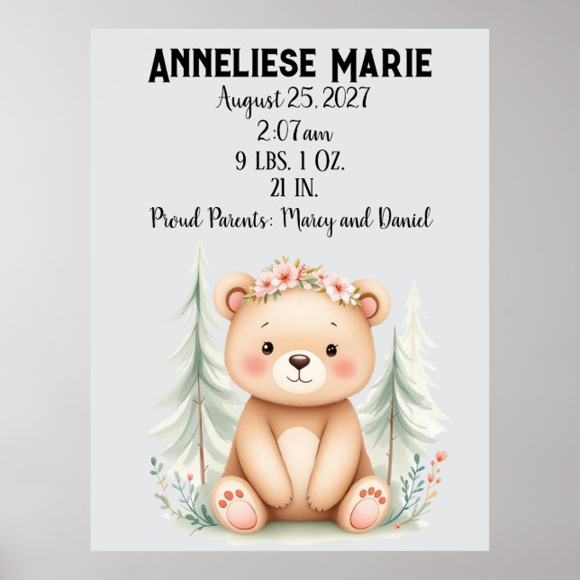 Affiche Bébé personnalisé Ours de naissance Statistiques F (Devant)