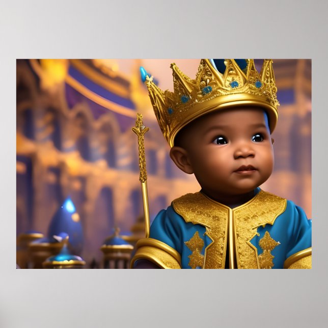 Affiche Bébé prince garçon or palais couronne bleu ethniqu (Devant)