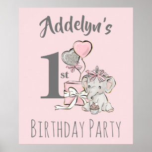 Affiche Bébé Princesse Éléphant Fille Rose Gris 1er Annive