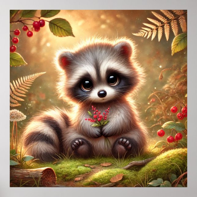 Affiche Bébé Raton Laveur Mignon avec des Baies Rouges – A (Devant)