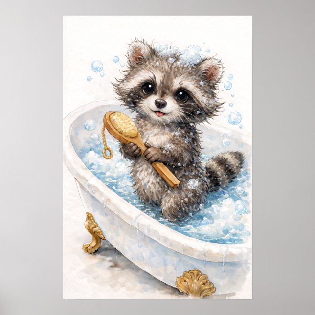 Affiche Bébé raton laveur mignon dans un bain moussant (Devant)