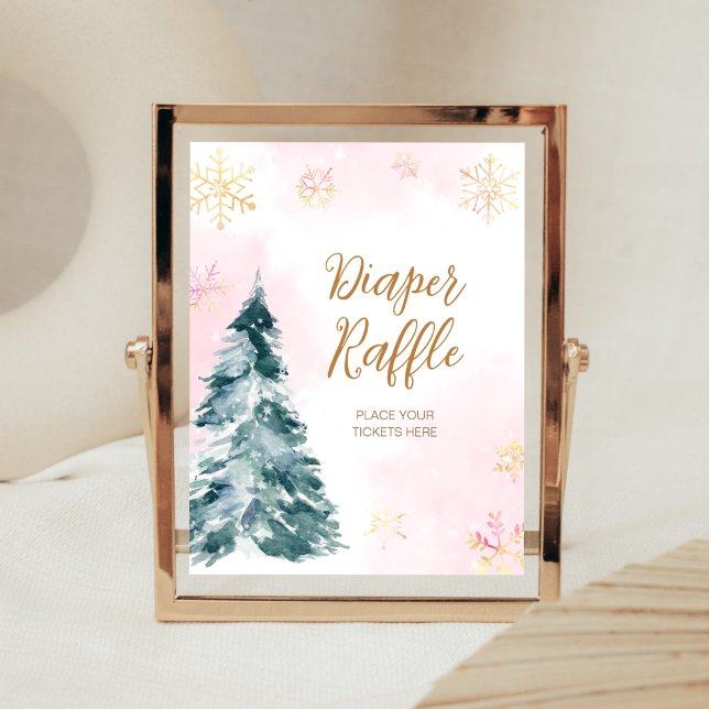 Affiche Bébé rose C'est froid hors de la couche Raffle (Pink Gold Winter Cold Outside Baby Shower Diaper Raffle Sign)