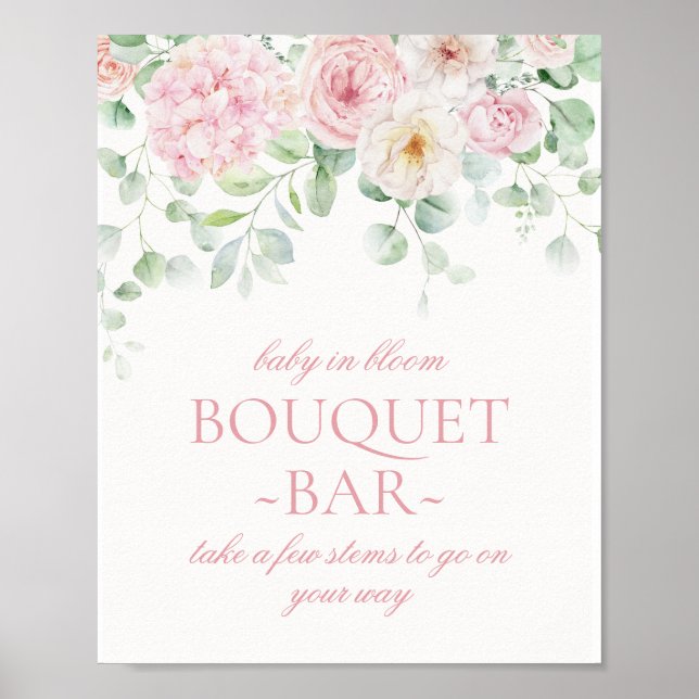 Affiche Bébé rose floral en fleurs Hydrangea Bouquet Bar (Devant)