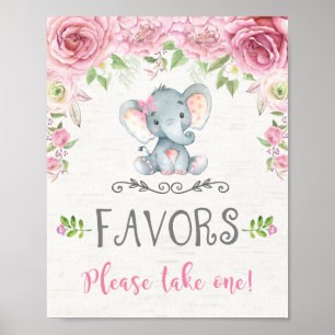 Affiche Bébé rose floral Faveurs des éléphants fille des s