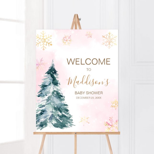 Affiche Bébé rose Il fait froid à l'extérieur Accueil (Pink Gold Winter Cold Outside Baby Shower Welcome Sign)