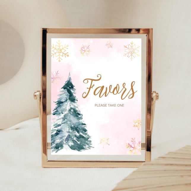 Affiche Bébé rose Il fait froid dehors de la nourriture (Pink Gold Winter Snowflake Cold Outside Baby Shower Favors Sign)