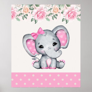 Affiche Bébé rose mignon éléphant et frontière Rose