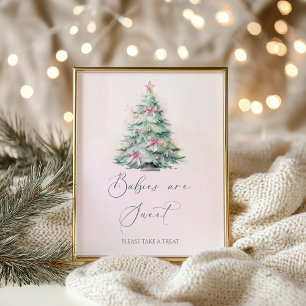 Affiche Bébé shower de Noël en hiver rose Les bébés sont d