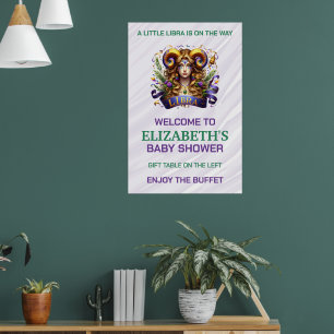 Affiche Bébé Shower Libra Lavande et Vert Signe du Zodiaqu