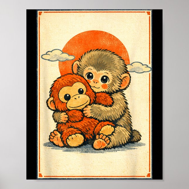 Affiche Bébé singe mignon kawaii macaque japonais ukiyo-e (Devant)