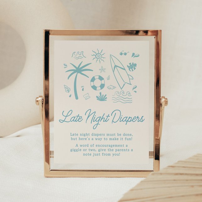 Affiche Bébé Surf bleu à bord des plongeurs tard dans la n (Blue Surf Baby on Board Baby Shower Late Night Diapers Sign)