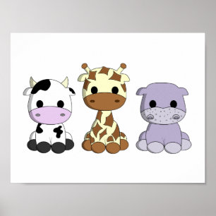 Affiche Bébé vache girafe hippopotame mignon dessin animé 
