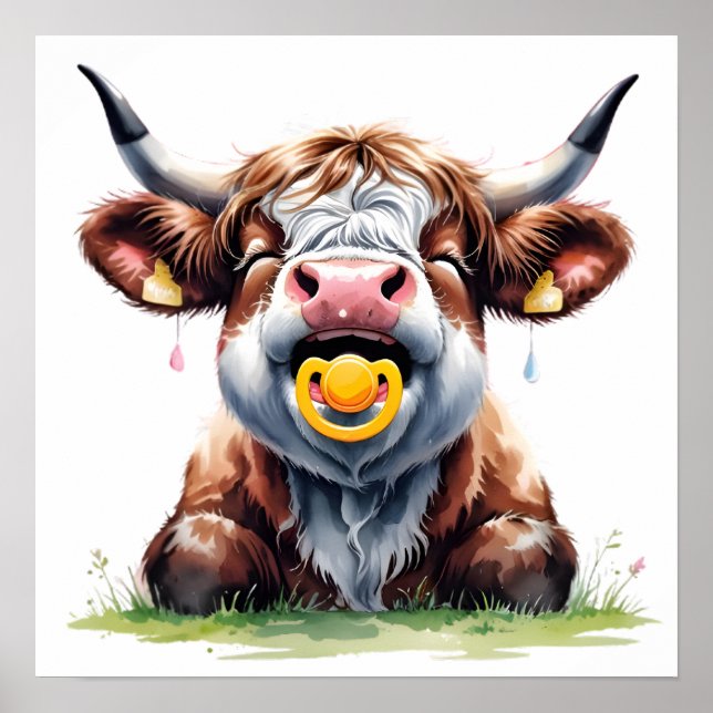 Affiche Bébé Vache Highland Fleurie Rose (Devant)
