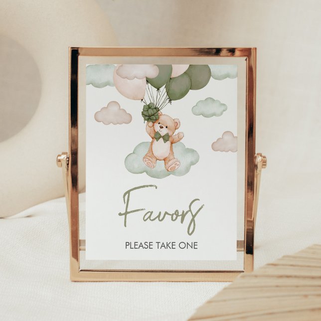 Affiche Bébé vert Bear Balloon Baby shower Faveurs (Green Bear Balloon Bearly Wait Baby Shower Favors Sign)