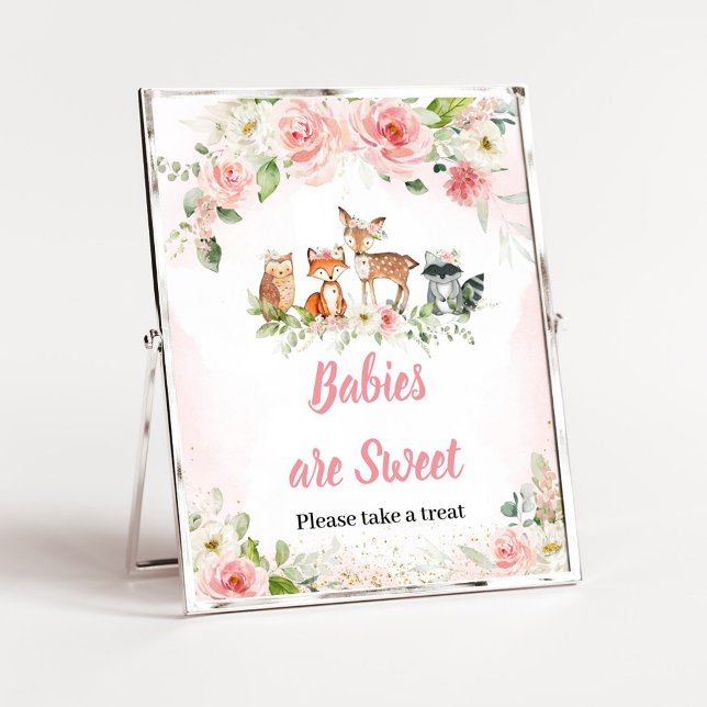 Affiche Bébés de la Douche Florale Rose de la Forêt sont u (Girl Woodland Animals Baby Shower Babies are Sweet Sign)