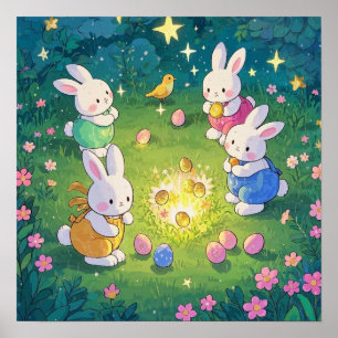 Affiche Bébés de Pâques cachant des oeufs dans un jardin
