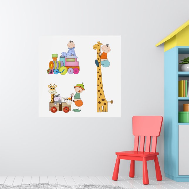 Affiche Bébés garçons avec girafe et wagon de pépinière (Créateur téléchargé)
