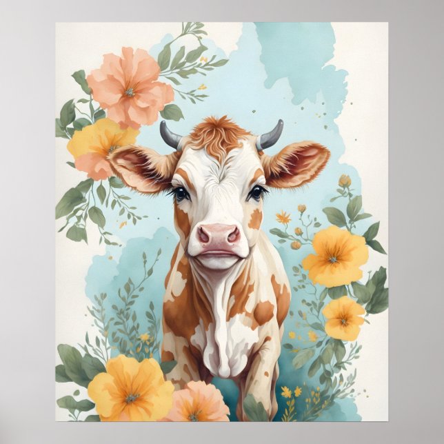 Affiche Bébés mignons animaux | Vache adorable Fleur de ve (Devant)