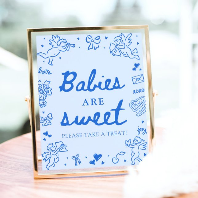 Affiche Bébés Mignons Dessinés à la Main en Bleu Sont Mign (Cute Blue Hand Drawn Babies Are Sweet Take a Treat Sign)