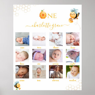 Affiche Bee 1st Birthday 12 months Photo Collage White