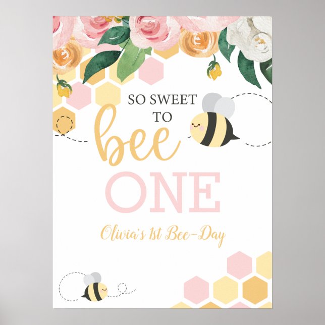 Affiche Bee Day Bumblebee 1er anniversaire rose floral (Devant)